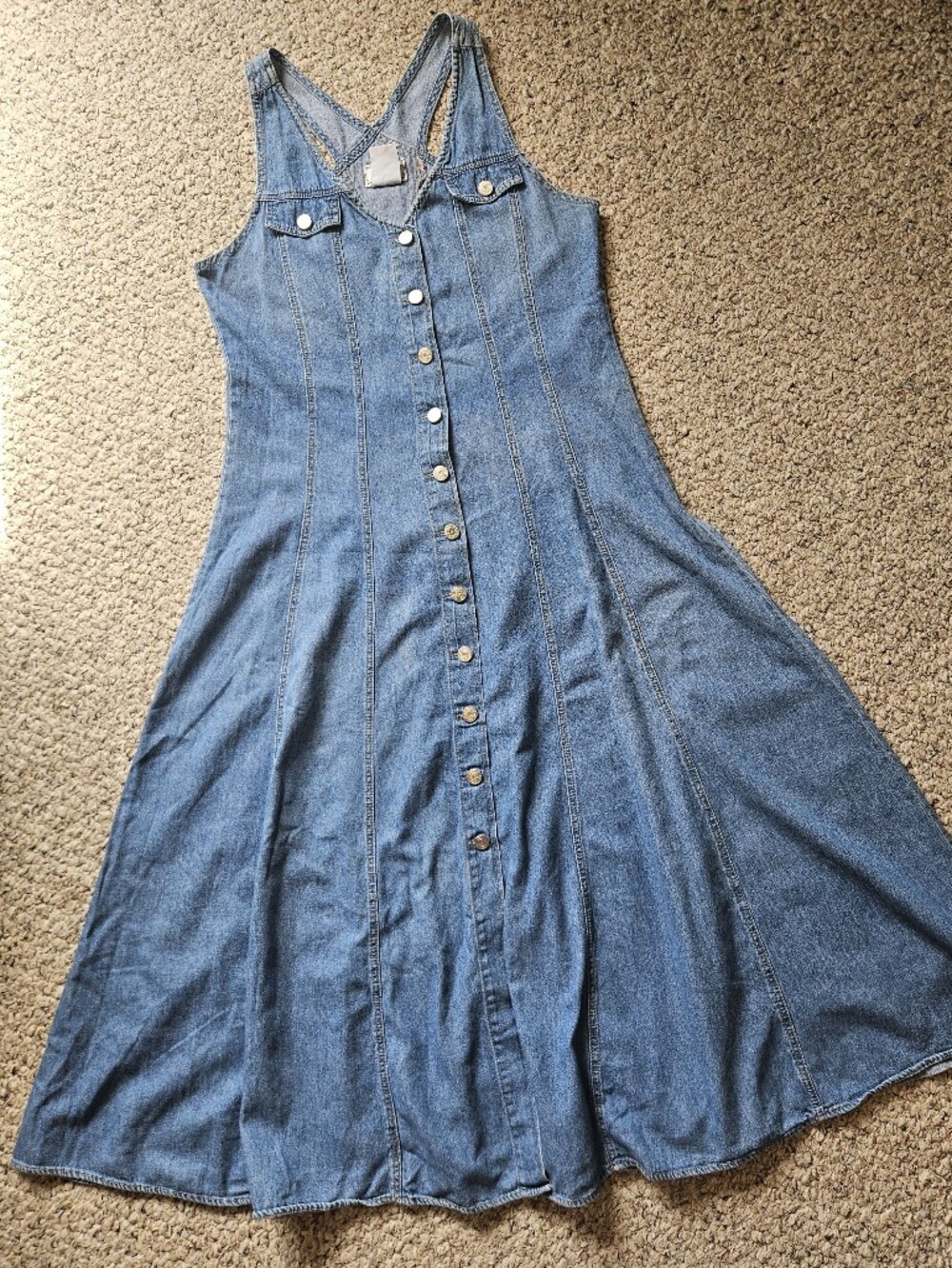 Vintage Nevada Denim Maxi Dress Button Front Prairie 90s Cottagecore - Picture 5 of 10